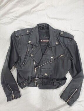 Vintage Wilsons Leather Women’s Size S Cropped Biker Jacket Black Belted 90's